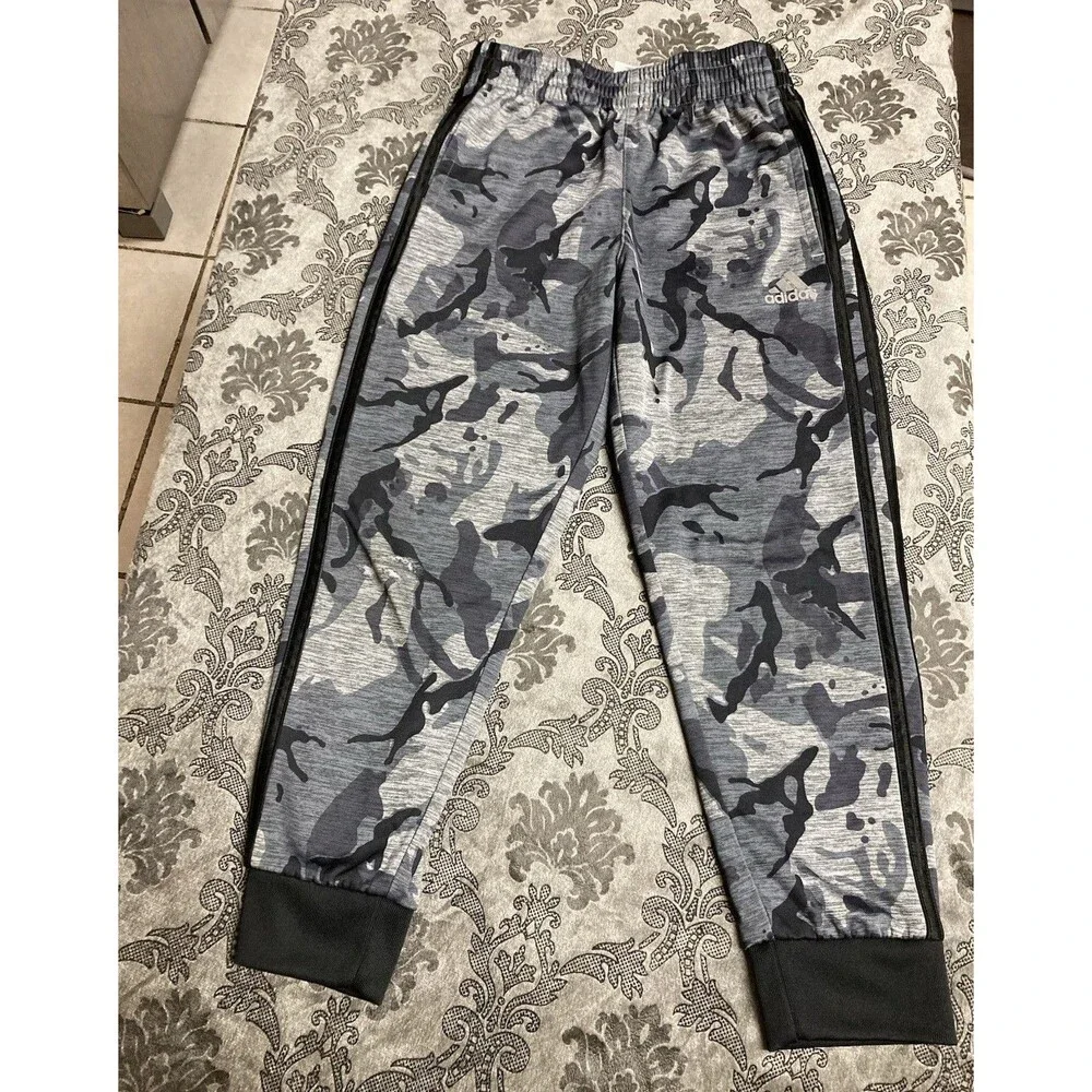 adidas Boys Camo Jogger Pants Gray/Black Size S Fleece Pull-On Elastic